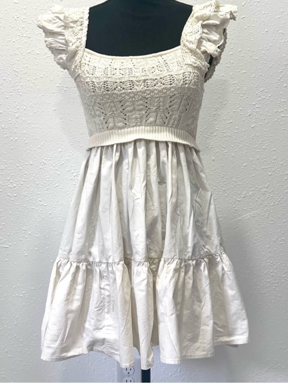 Cottagecore Romantic Crochet Collette Mini Sun Dress Ruffle Puff Sleeve Size S - Picture 4 of 6